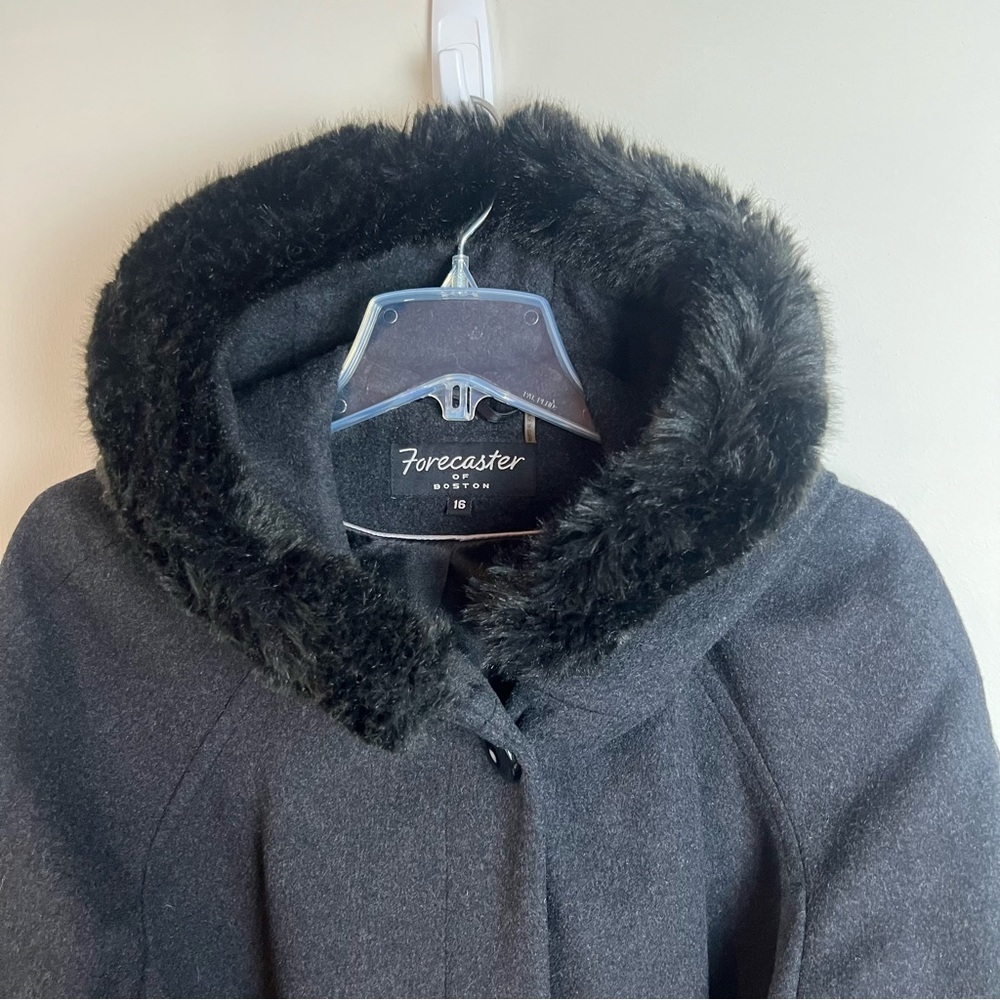 Forecaster Lambswool Velvet Black Peacoat Coat Size 16 Fur Hooded Pockets - Picture 2 of 15